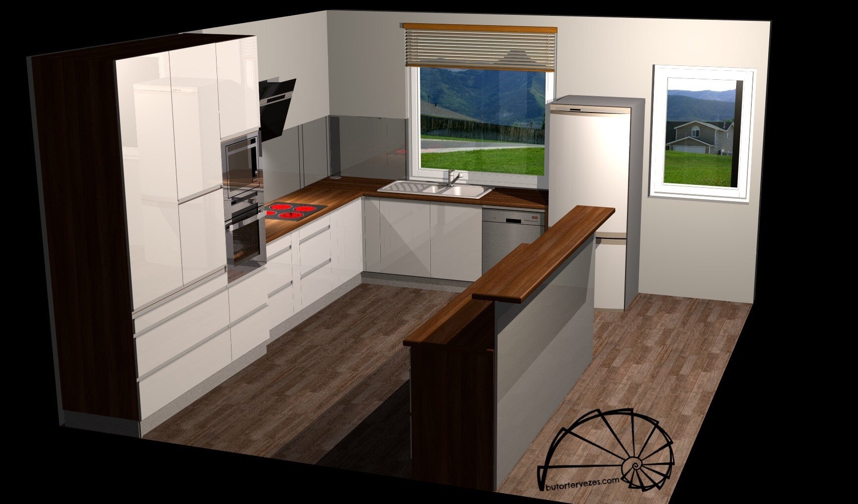 Magasfényű akril konyhabútor szigettel 3D látványterv